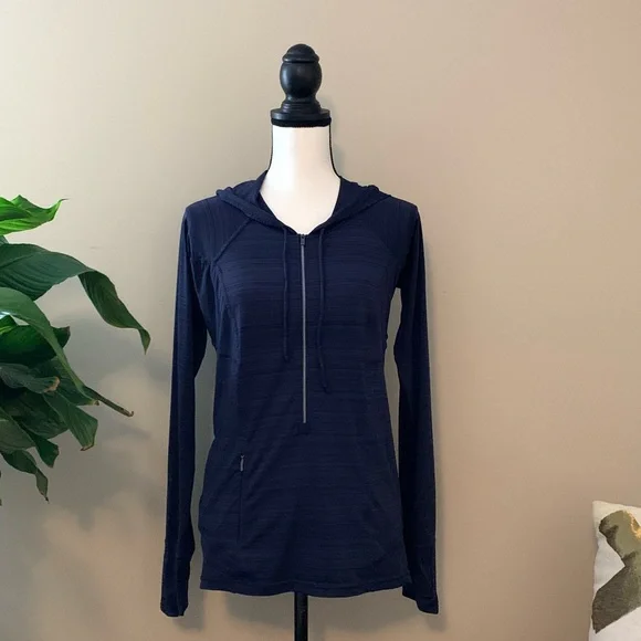 Athleta Navy Blue Hoodie 3/4 zip side pocket size medium EUC B62 - Picture 1 of 6